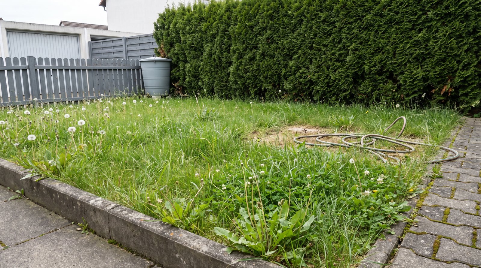 Ein kleiner Rasen hinter einem Reihenhaus vor dem Mähen: hohes Gras, Pusteblumen und Klee.